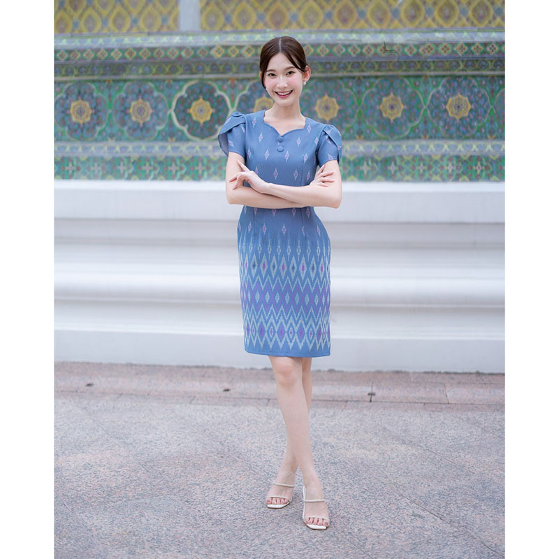 kudapy เดรสสั้นสีฟ้า/สีครีม/สีชมพู ผ้าทอแขนกลีบบัว ผ้าลายไทย ใส่ออกงานสวยดูดี