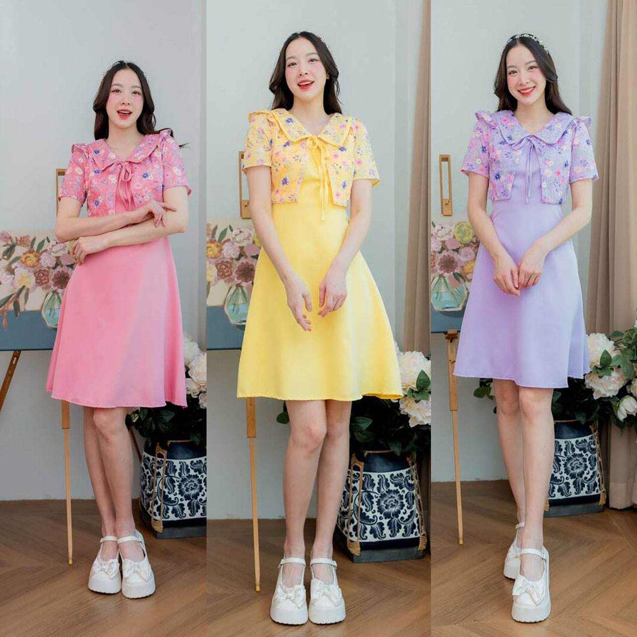 kudapy เดรสสั้นสีชมพู/สีม่วง/สีเหลือง ผ้าพื้นกั๊กลายดอกผูกโบว์