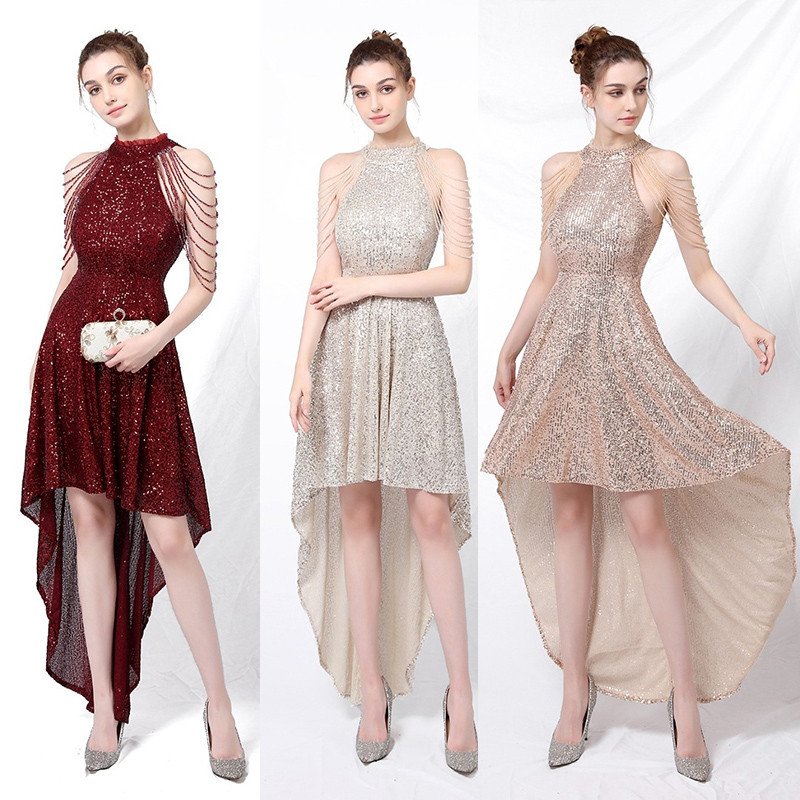 kudapy เดรสหน้าสั้นหลังยาวสีแดง/สีทอง/สีเทา ออกงานหน้าสั้นหลังยาว ดีไซน์โชว์ไหล่ประดับสร้อยแฮนด์เมด เนื้อผ้าปักเลื่อมสวยงามทั้งตัว