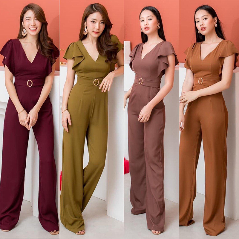 kudapy จั๊มสูทคอวีขายาวสีน้ำตาล สีเขียว ระบายแขน มาพร้อมเข็มขัด เนื้อผ้านำเข้าอย่างดี ทรงสวยมาก