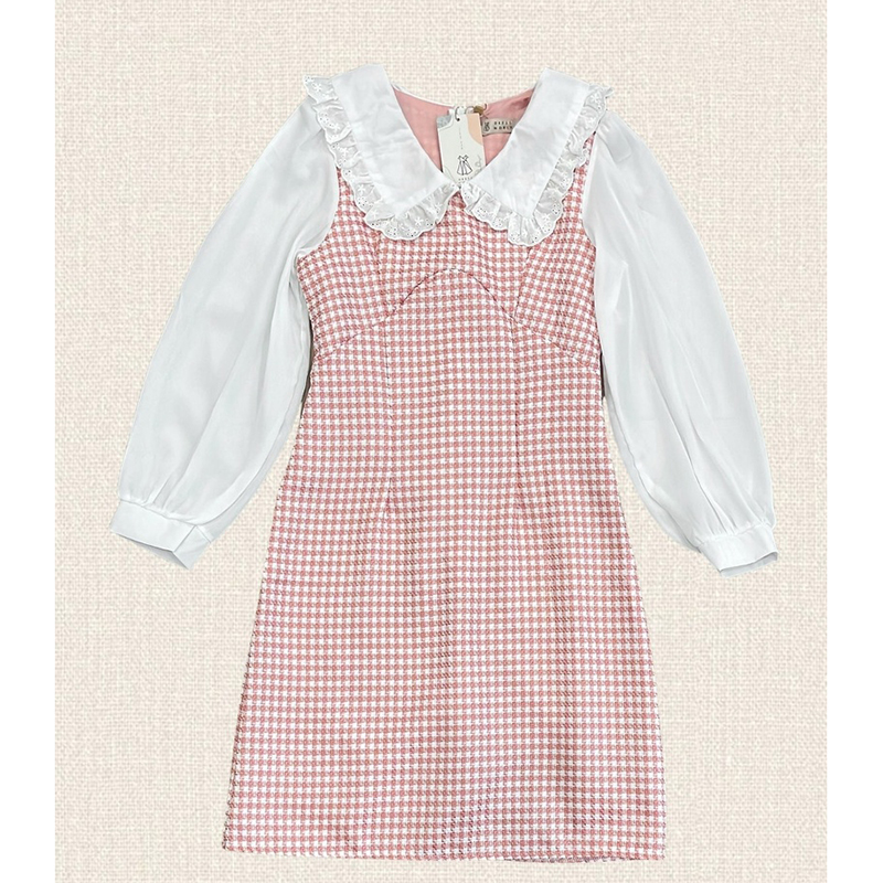 kudapy เดัส้นสีดำ/สีชมพู/สีน้ำตาล เดรสลายสก็อตแขนยาวคอปก