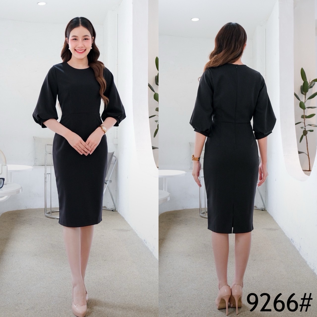 kudapy เดรสสั้นสีดำ/สีชมพู/สีครีมเบจ/สีแดง/สีน้ำเงิน/สีเขียว/สีครีมนู๊ด กระโปรงเก็บทรง แขนสามส่วนปลายพอง