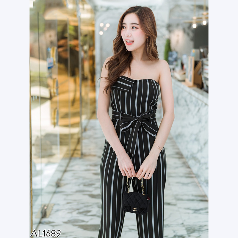 kudapy จั๊มสูทขายาวสีดำ,เขียว เกาะอกลายทางใส่สบายสวยดูดี