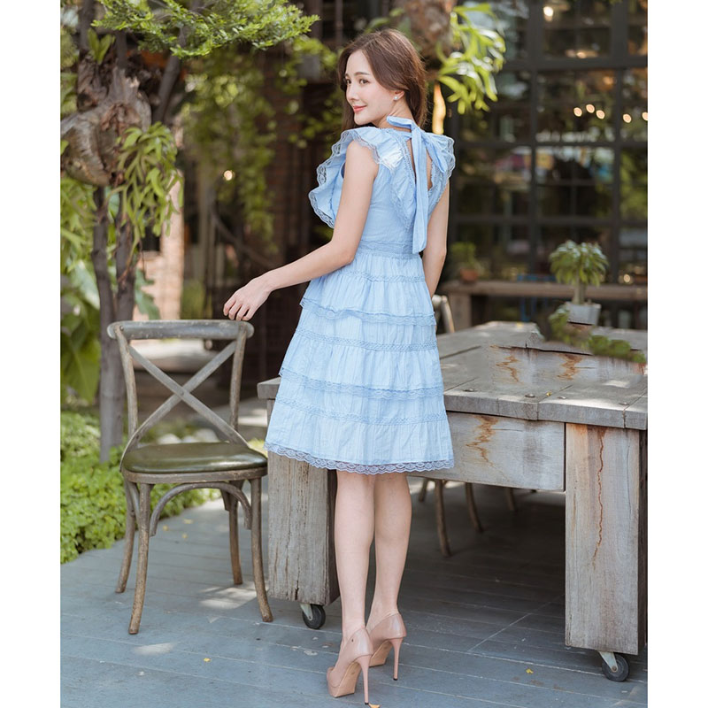 kudapy เดรสสั้นแขนกุด สีฟ้า ผ้าฉลุเกาหลีโบว์หลัง