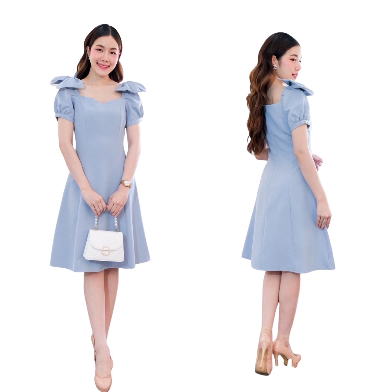 kudapy เดรสสั้นสีฟ้าอมเทา,เขียวอมเทา,สีโอรส,สีครีมนู้ด แขนตุ๊กตา ดีเทลบ่าโบว์ ทรงอกหัวใจ แพทเทิร์นนี้ใส่สวย