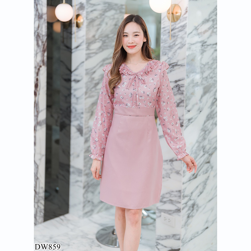 kudapy เดรสสั้นคอกลมสีฟ้า/สีชมพู/สีเขียว ใส่ทำงานแขนยาวคอระบายผูกโบว์กลางอก