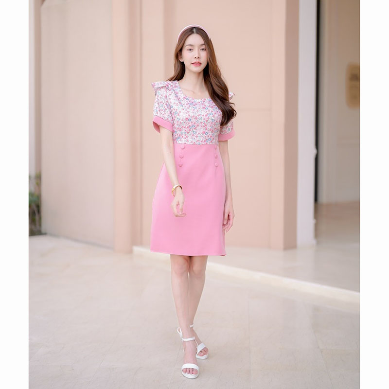 kudapy เดรสสั้นสีม่วง/สีชมพู/สีคราม แขนสั้นลายดอกมีกระดุม