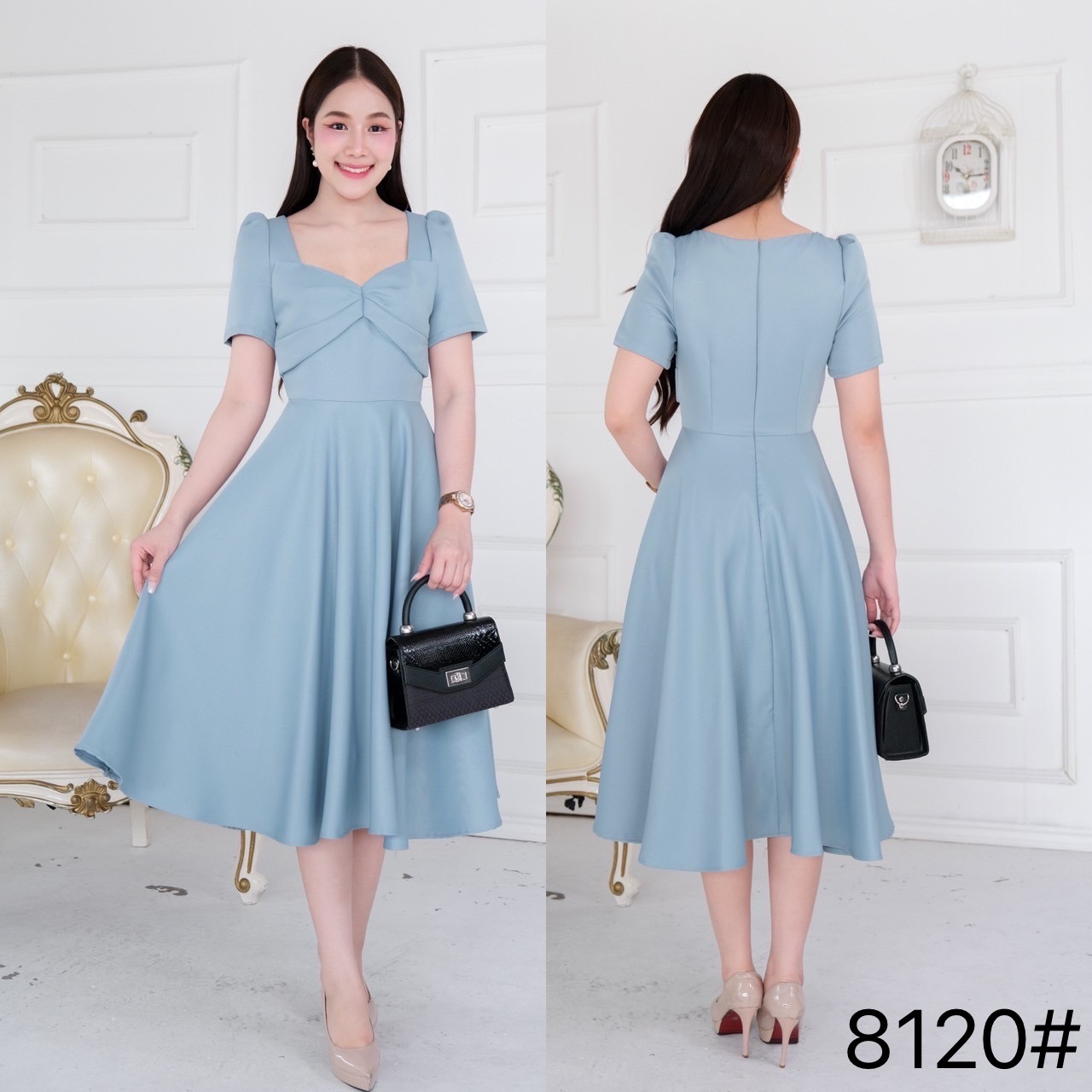 kudapy เดรสแขนสั้น คอเหลี่ยมวี คัตติ้งเริศแบบอลัง เข้ารูป เก็บทรง กระโปรงบานพริ้ว ใช้ผ้าเยอะ เจาะกระเป๋าลึก