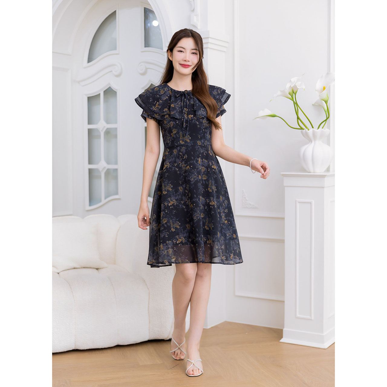 kudapy เดรสชีฟองพิมพ์ลาย มีดีเทลระบายช่วงอกสองชั้นสวยมีวอลุ่ม