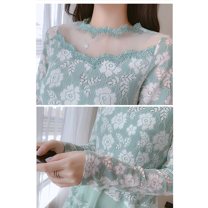 kudapy เดรสสั้นสีน้ำเงิน/เขียวมิ้นท์ ผ้าลูกไม้เนื้อดี ทอลายดอกไม้สีครีม แขนยาว