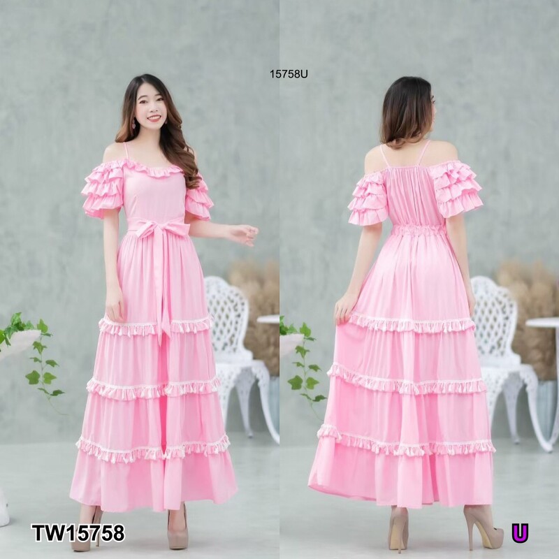 kudapy แม็กซี่เดรสสีชมพู ม่วง ม่วงอ่อน เขียว โอรสเข้ม สายเดี่ยวเว้าไหล่ แขน 2 ข้างระบายชั้น ผ้าไหมอิตาลี่ ระบายชั้นๆ