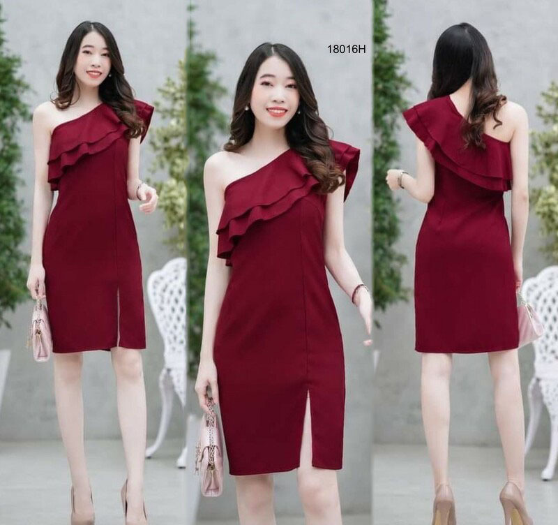 kudapy เดรสสั้นสีชมพู/สีแดง/สีกรม ออกงานเรียบหรู ระบายไหล่ เนื้อผ้าซาร่าสีพื้น เพิ่มดีเทลเก๋ ไหล่ข้างเดียว มีซิปข้าง ใส่ไปเที่ยว