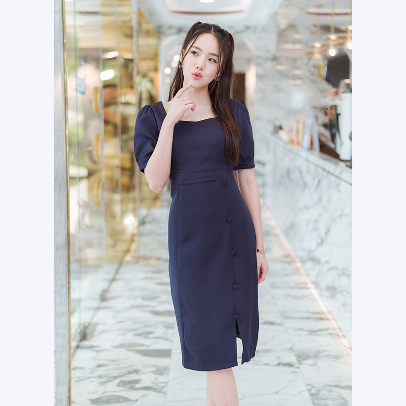 kudapy เดรสสั้นสีกรม,ชมพู ใส่ทำงานแต่งกระดุมสวยดูดี