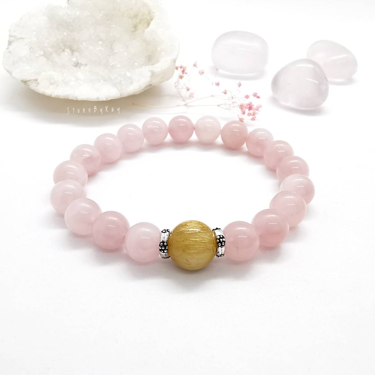 สร้อยข้อมือหินโรสควอตซ์ร้อยกับหินไหมทองRose Quartz+Rutilated Quartz