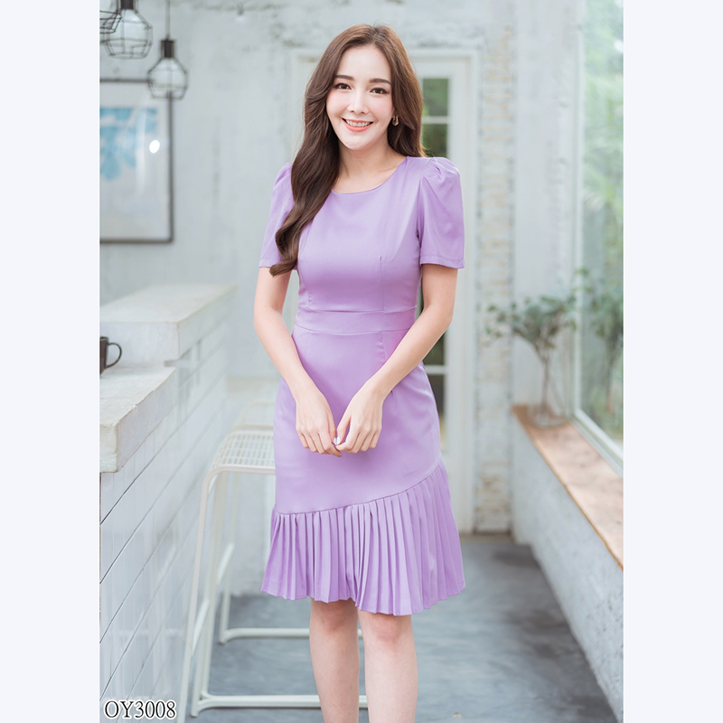 kudapy เดรสสั้นสีเขียว/ม่วง/ชมพู ใส่ทำงานชายพลีท ออกงานสวยดูดีน่ารัก