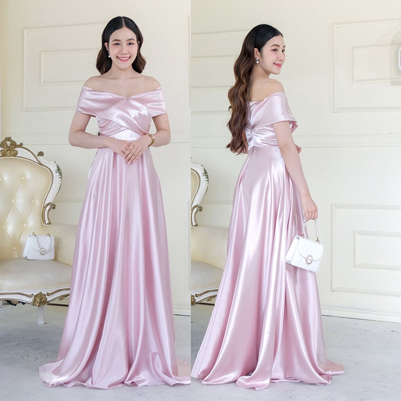 kudapy เดรสยาวสีแดง/สีรสโกล/สีชมพู/สีฟ้า/สีขาว/สีเขียวอทเทา/สีกรม เปิดบ่า อกไขว้ กระโปรงบานเจ้าหญิง เนื้อผ้าซาติน