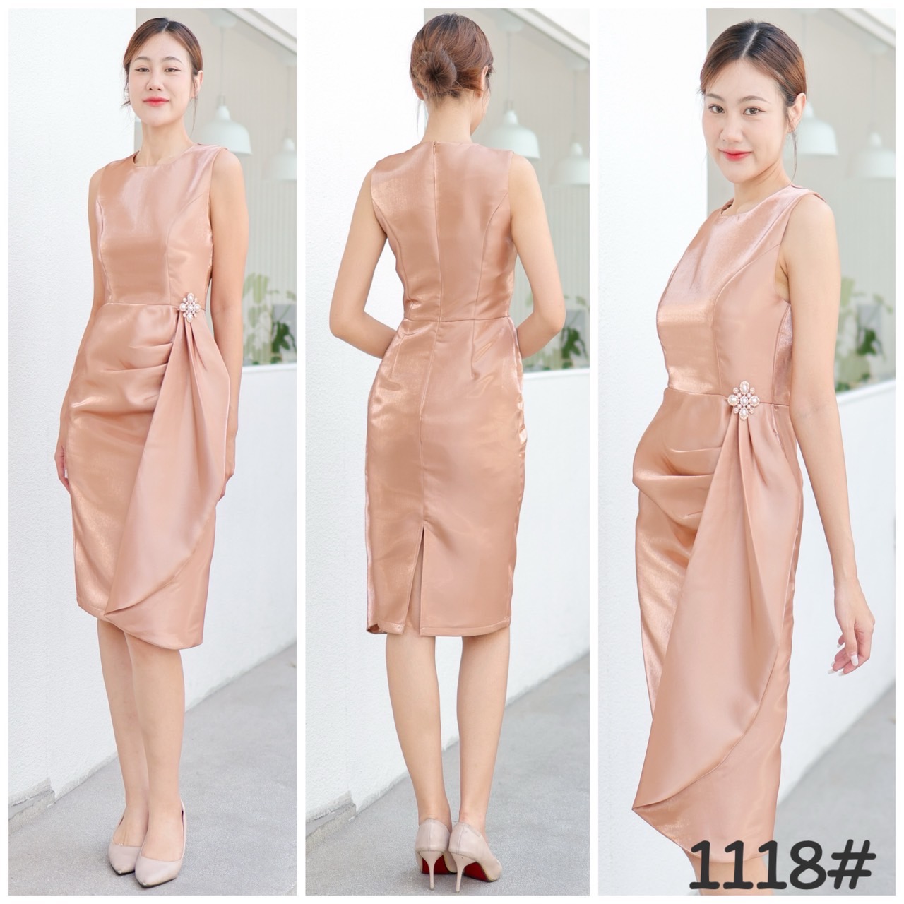 kudapy เดรสแขนกุด คอกลม แต่งเข็มกลัดเพชร มุก ถอดได้ กระโปรงสอบ ทรงดินสอ ผ่าหลังเดินสะดวก