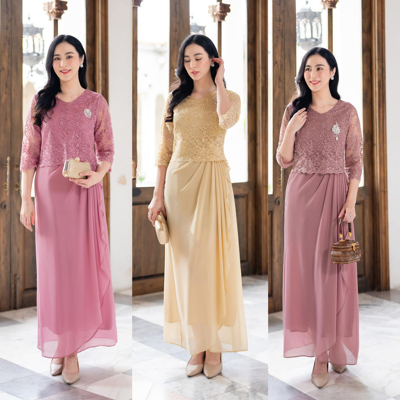 kudapy เดรสยาวสีชมพู/สีครีม/สีชมพูกะปิ เดรสออกงานตัวเสื้อลูกไม้ใยบวบทอแน่น ลูกไม้ปักเลื่อม ตัวกระโปรงจับจีบเป็นผ้าชีฟอง2ชั้น