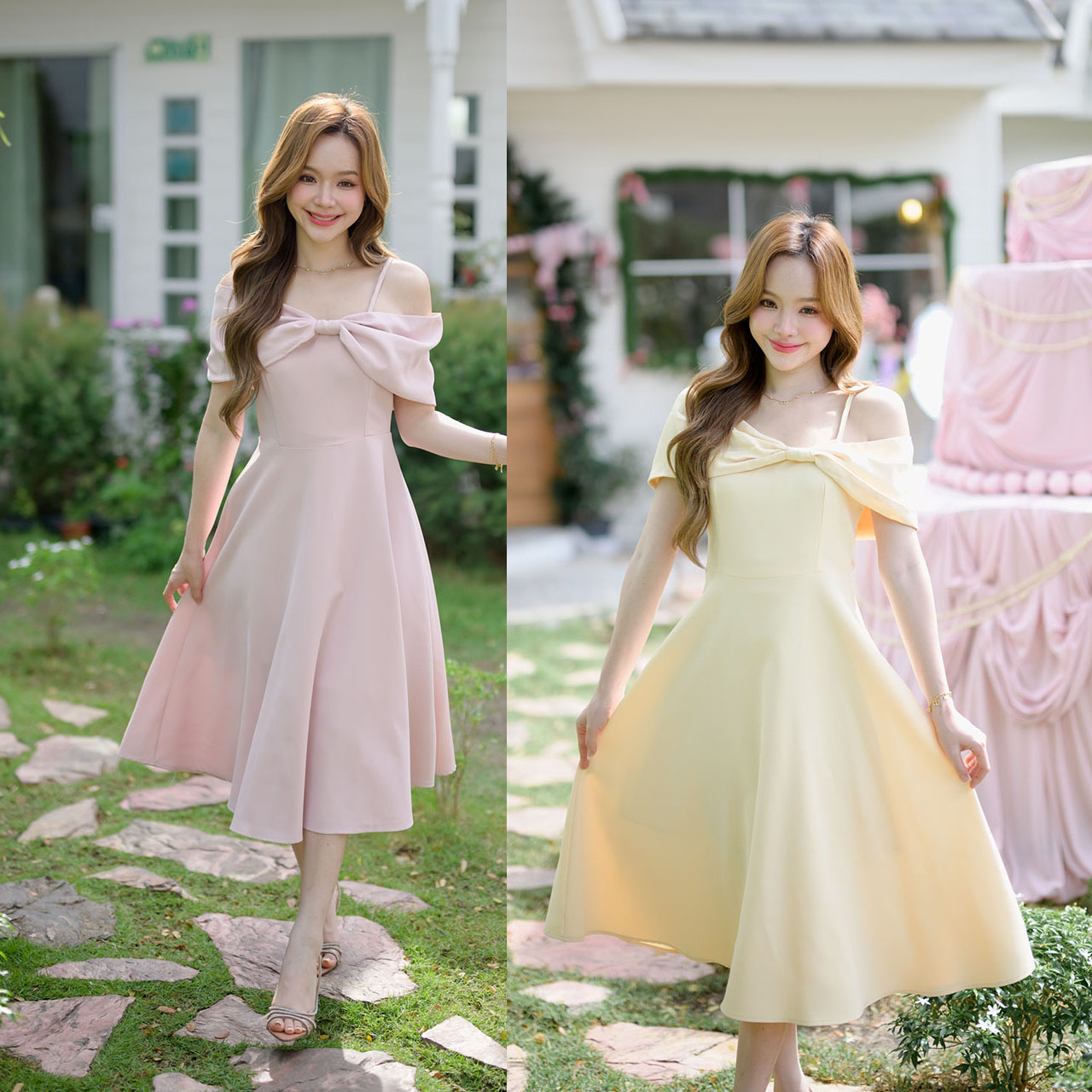kudapy เดรสโทนสีพาสเทลนุ่มละมุน ดีไซน์หวานๆแต่งอกโบว์ใหญ่เปิดไหล่แบบ Off-shoulder จะใส่เปิดไหล่ 2 ข้าง