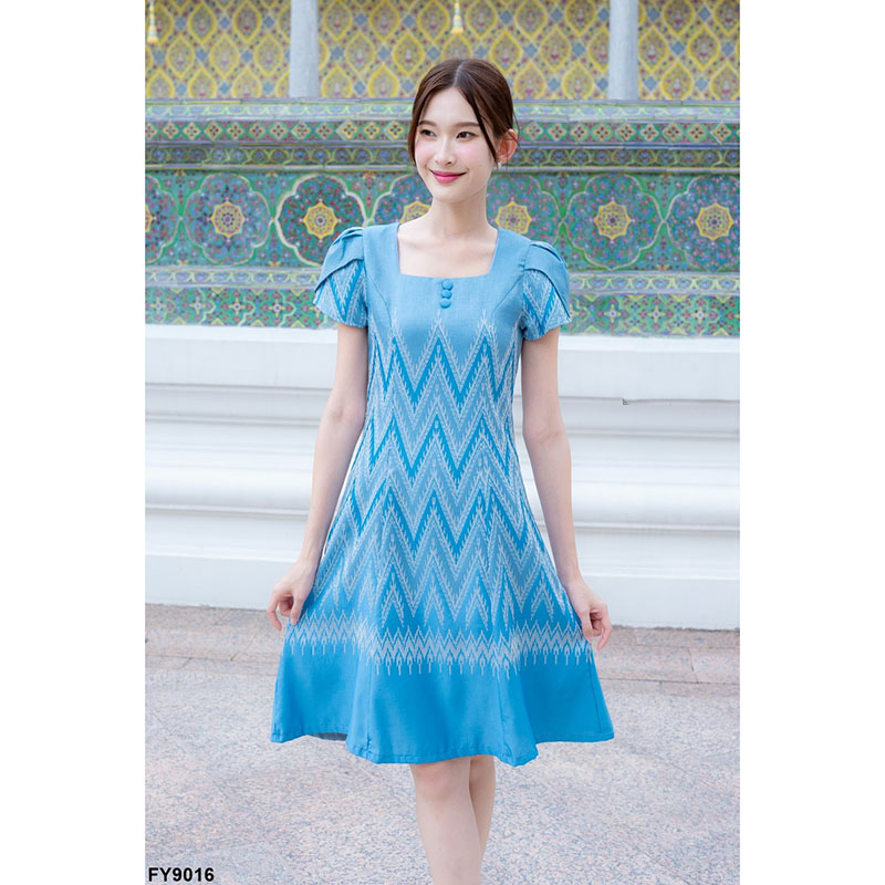 kudapy เดรสสั้นสีฟ้า/สีเหลือง ผ้าทอแขนกลีบบัว ผ้าลายไหย ใส่ทำงานสวยดูดี