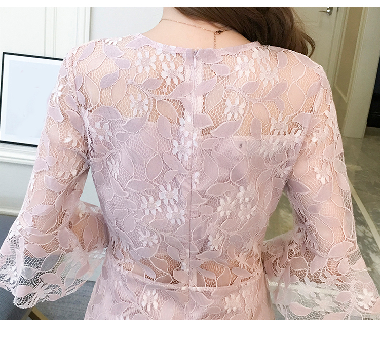 kudapy เดรสลูกไม้แขนกระดิ่งสีชมพู แต่งระบายชาย ซีทรูเอว ใส่เข้ารูปอวดหุ่นแซ่บบ งานลูกไม้ลายสวยซิบด้านหลังน้าา