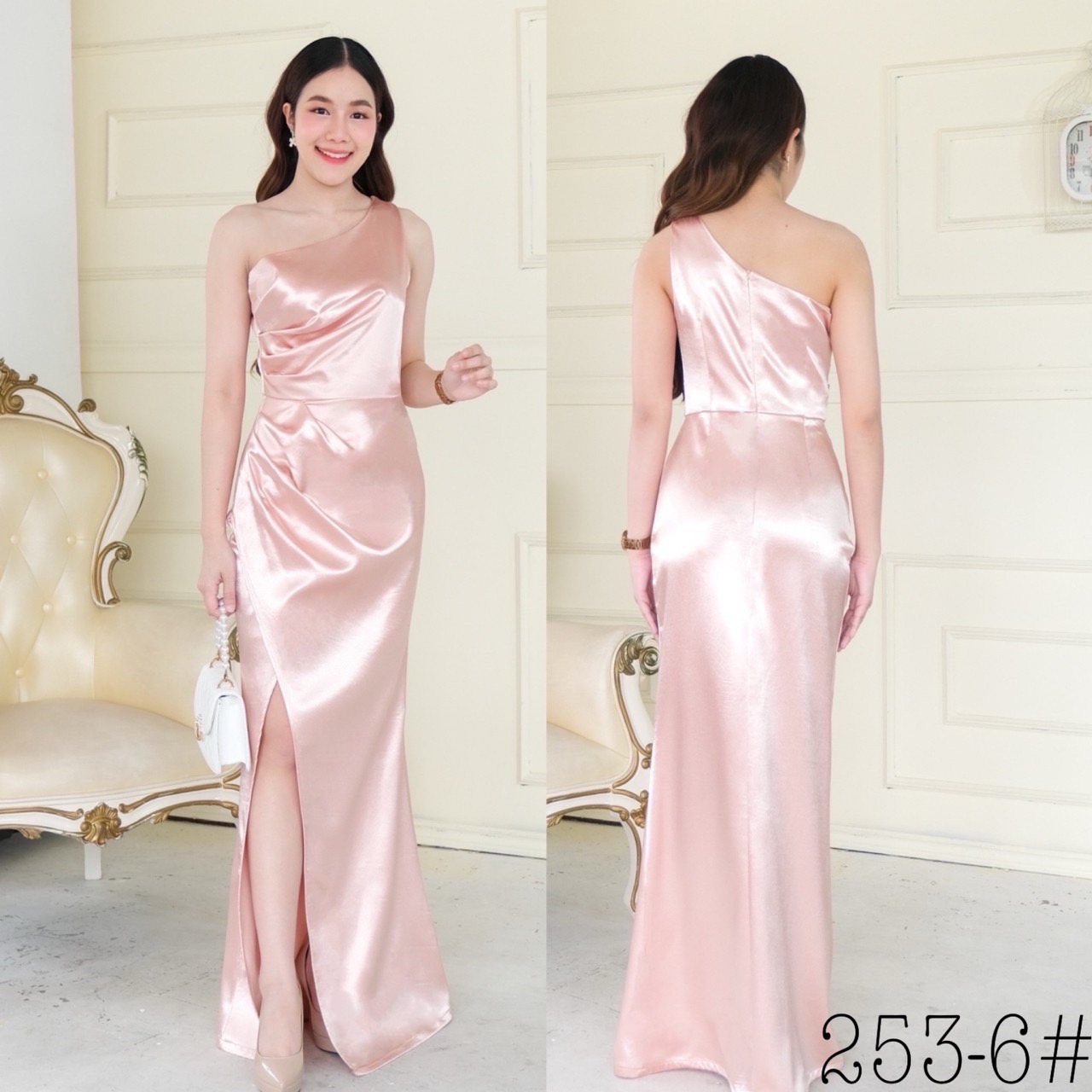 kudapy เดรสยาว บ่าเดี่ยวจับจีบช่วงเอว ผ่ากระโปรงสาบทบหน้า ผ่าข้างเดินโชว์ขา