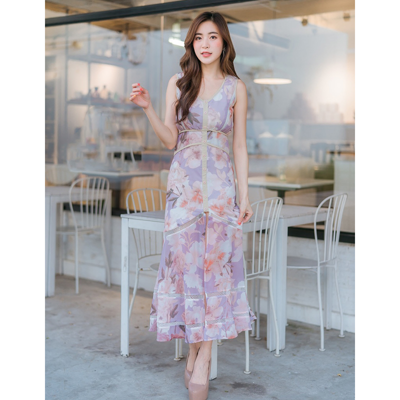 kudapy เดรสยาวสีม่วง แขนกุดพิมพ์ลายดอกซากุระ กระโปรงผ่าหน้า ผ้าชีฟองแต่งลายดอก XL 2XL