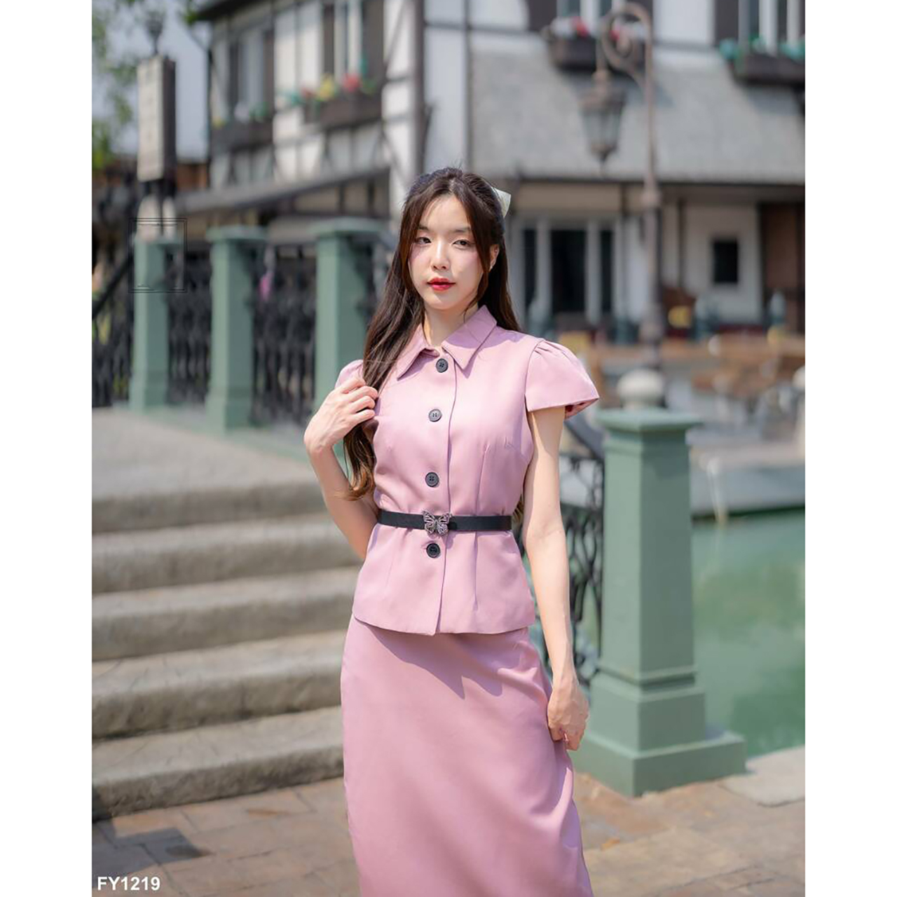 kudapy ชุดเซ็ทออกงาน+เข็มขัด แขนสั้นคอปก ใส่ออกงานสวยดูดี