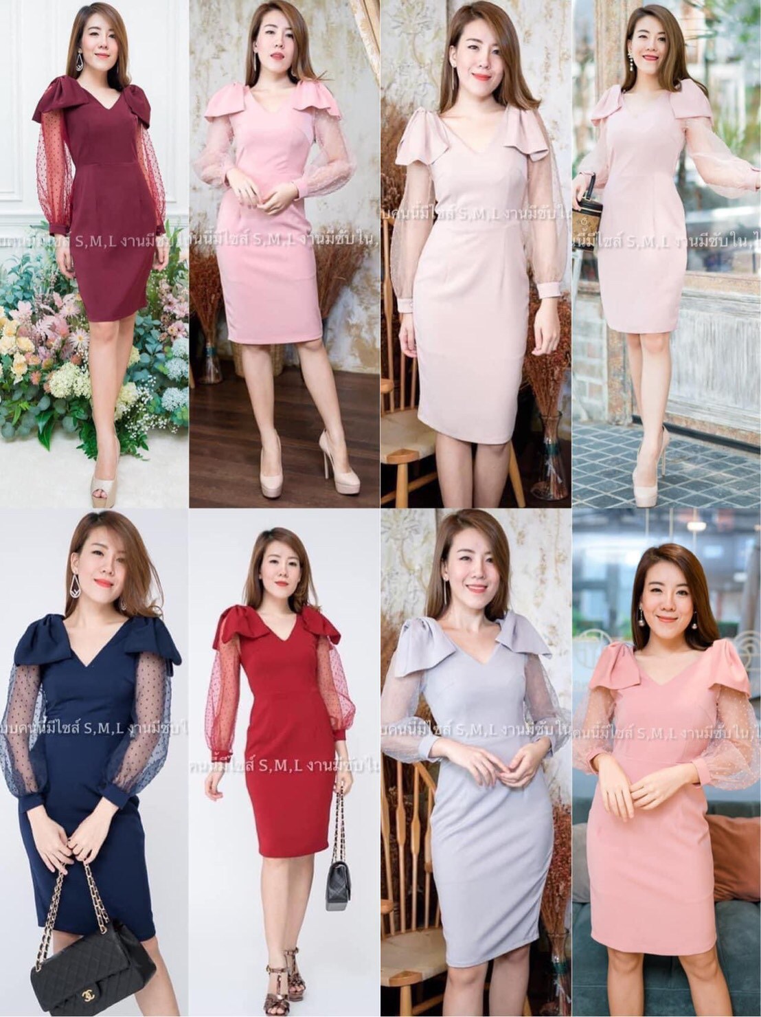 kudapy เดรสสั้นแต่งโบว์ไหล่คู่ สีชมพู, กรมท่า, แดงเลือดหมู, ไวน์แดง, เทา, ขาว ,โอวัลติน แขนแต่งผ้าชีฟองลายจุดๆ ผ้าฮานาโกะผ้ายืดเนื้อดีทิ้งตัว