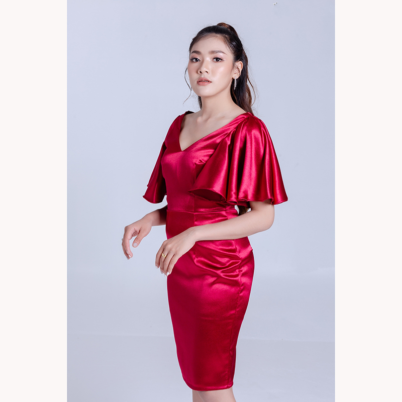 kudapy เดรสสั้นสีทอง/สีชมพู/สีแดง ออกงาน ทรงเอเข้ารูป แขนระบาย แนวเรียบหรู