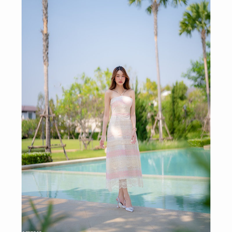 kudapy เดรสยาวสีฟ้า/สีชมพู ลูกหัวใจยาวผูกคอ ใส่เที่ยวทะเล เนื้อผ้าเบาสบายตัว