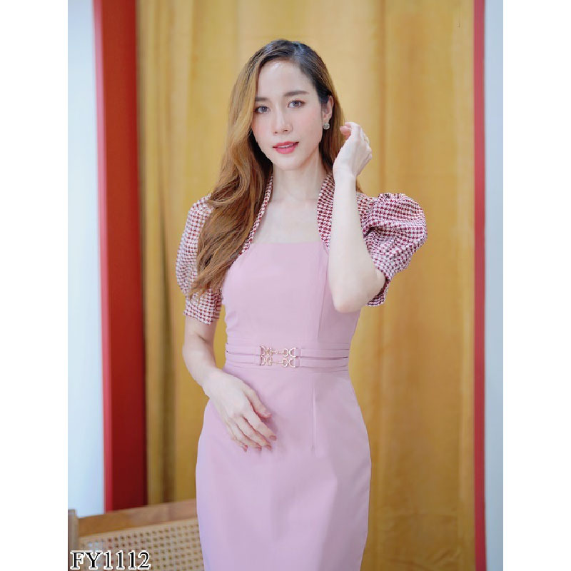 kudapy เดรสสั้นสีชมพู/สีดำ แขนทรงดินสอแต่งสร้อยมุก