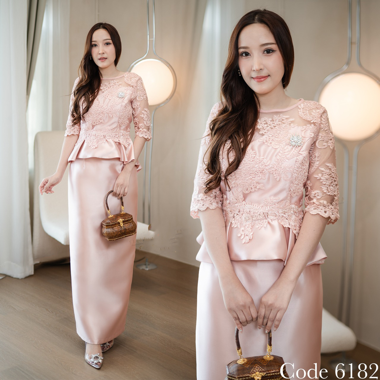 kudapy Setงาน 2ชิ้น (เสื้อ+กระโปรง)สีเหลืองทอง ชุดผ้าไหมอิตาลีทอสี่เส้น เนื้อมันเงาเป็นทรงสวย ตัวเสื้อตกแต่งด้วยลูกไม้ฝรั่งเศสทอปักลายสวยงามเนื้อแน่นไม่นิ่ม
