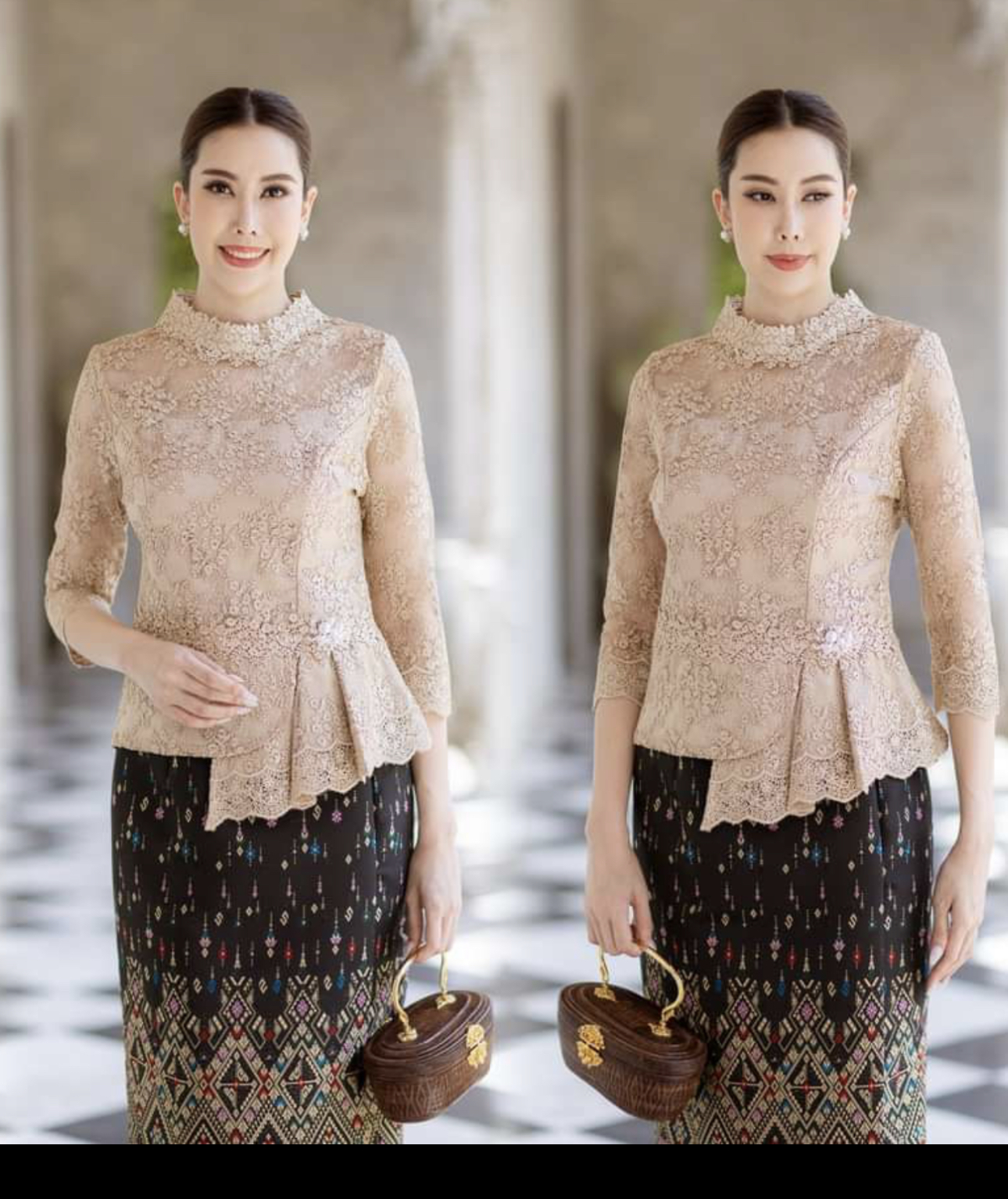 kudapy เสื้อลูกไม้สีครีมแขนยาว ทรงคอจีน จับจีบเอวระบาย