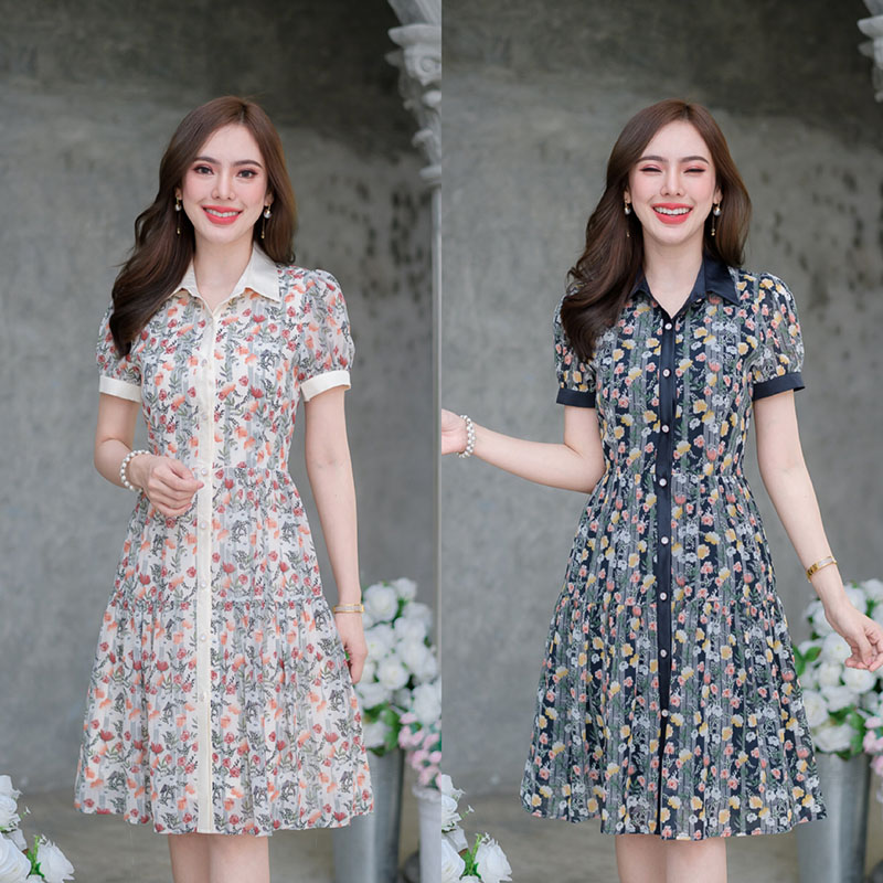 kudapy เดรสสั้นสีโทนครีม/สีโทนดำเทา คอปกกระดุมหน้า ผ้าชีฟองลายดอกสวยเก๋ ชุดเปิดกระดุมด้านหน้า ใช้ซับในอย่างดี