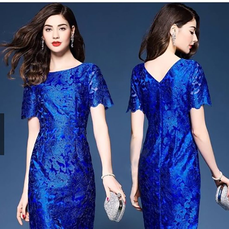 kudapy เดรสลูกไม้สีน้ำเงิน แขนสั้น คอวีด้านหลัง ผ้าลูกไม้ทอลาย เงางามสวยค่ะ กระโปรงผ่าชายด้านหลัง