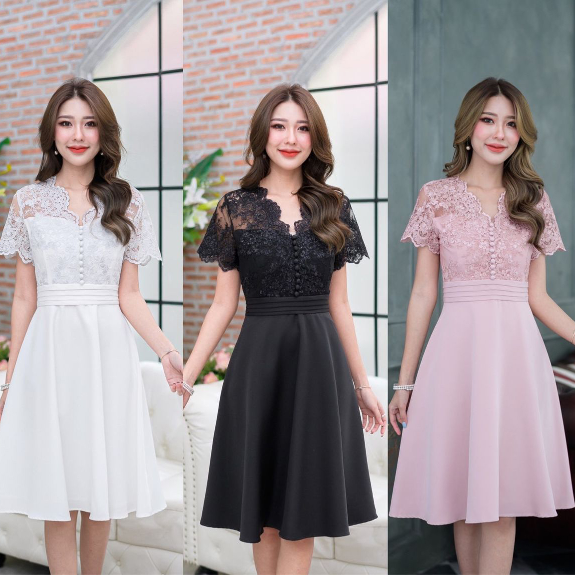 kudapy เดรสคอวีสีชมพูอ่อนหม่น/สีม่วง/สีขาว/สีเขียว/สีดำ รุ่นนี้เป็นสินค้าขายดีทุกสี เดรสสวยหรู ดีไซน์แบบสวยดูแพงมาก