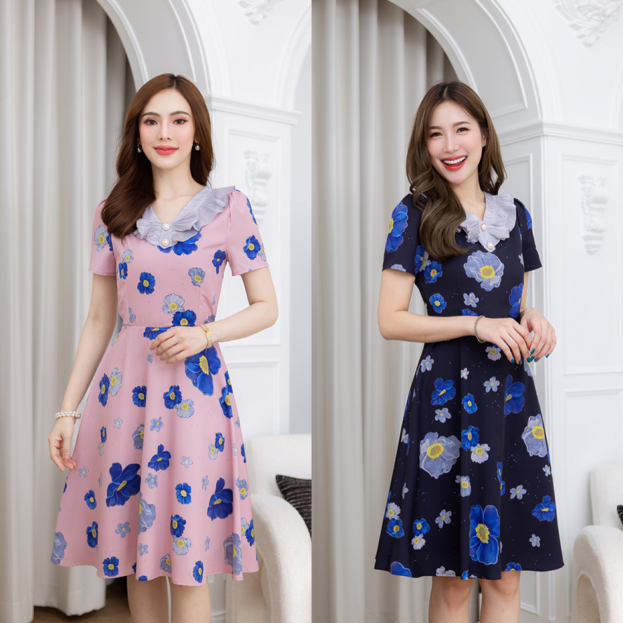 kudapy เดรสสั้นสีชมพู/สีกรม คอลลาร์วี มีดีเทลสวยเก๋ที่ปก เย็บเป็นระบายอัดพลีทเป็นริ้วเล็กๆแต่งโบว์และกระดุม