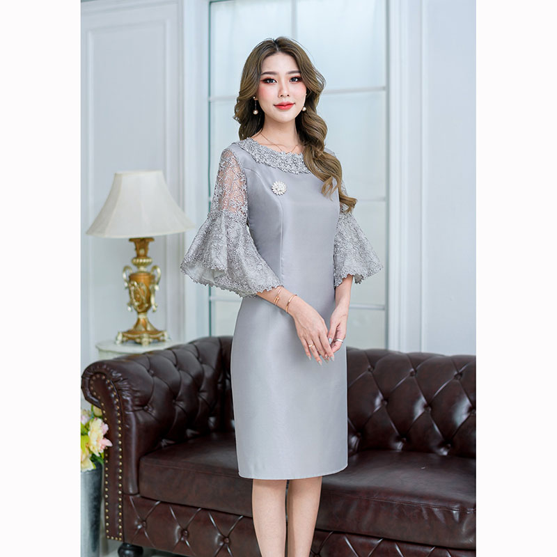 kudapy เดรสสั้นสีโอรส/สีเทา ดีไซด์แขนระบายปิดศอก แขนบานทำให้ดูสวยแพงได้ลุคไฮมาก