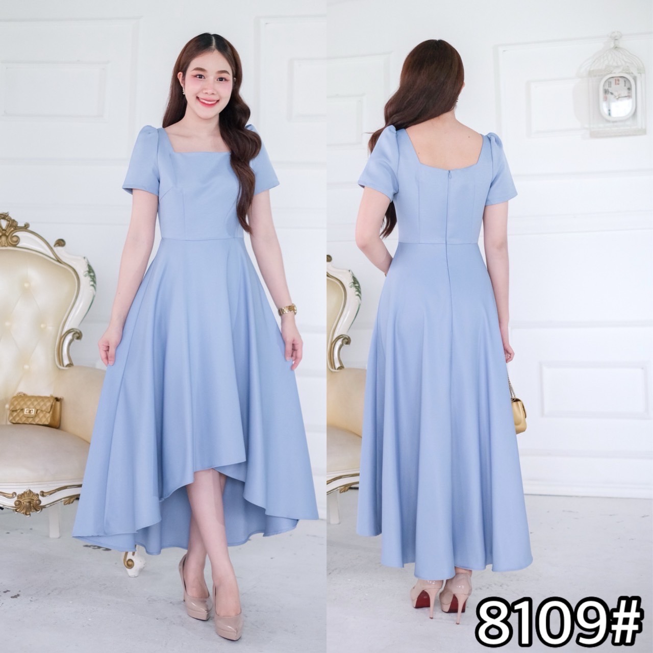 kudapy เดรสกระโปรงทรงหน้าสั้นหลังยาว/สีขาวงาช้าง/สีม่วง/สีชมพูพาสเทล/สีเทาอ่อน/สีชมพูกลีบบัว แขนสั้น คอเหลี่ยม คัตติ้งเริศแบบอลัง