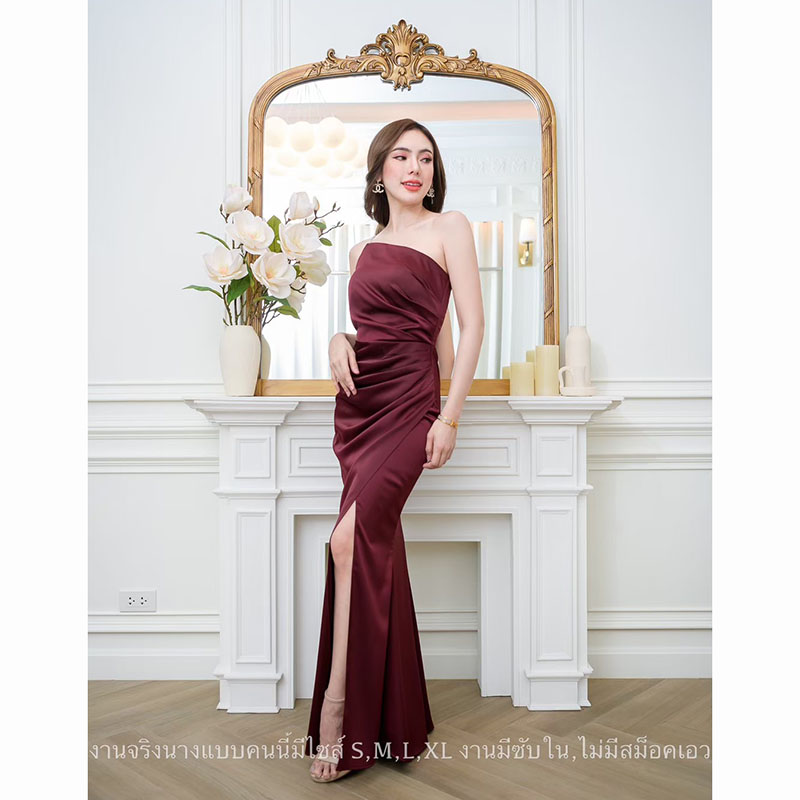 kudapy เดรสยาวสีกรม/สีน้ำตาลอิฐ/สีไวน์แดง/สีชมพูกรีบบัวชุดราตรีพรีเมี่ยมเกรด แต่งไหล่เดียวสายเพชร ใส่ออกงาน หรือยกตีมเพื่อนเจ้าสาว