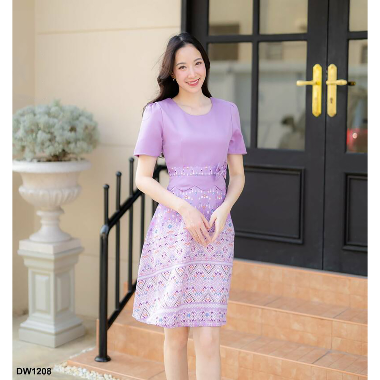 kudapy เดรสสั้นสีม่วง/สีเหลือง ผ้าไทยกระโปรงบานแต่งโบว์เอว