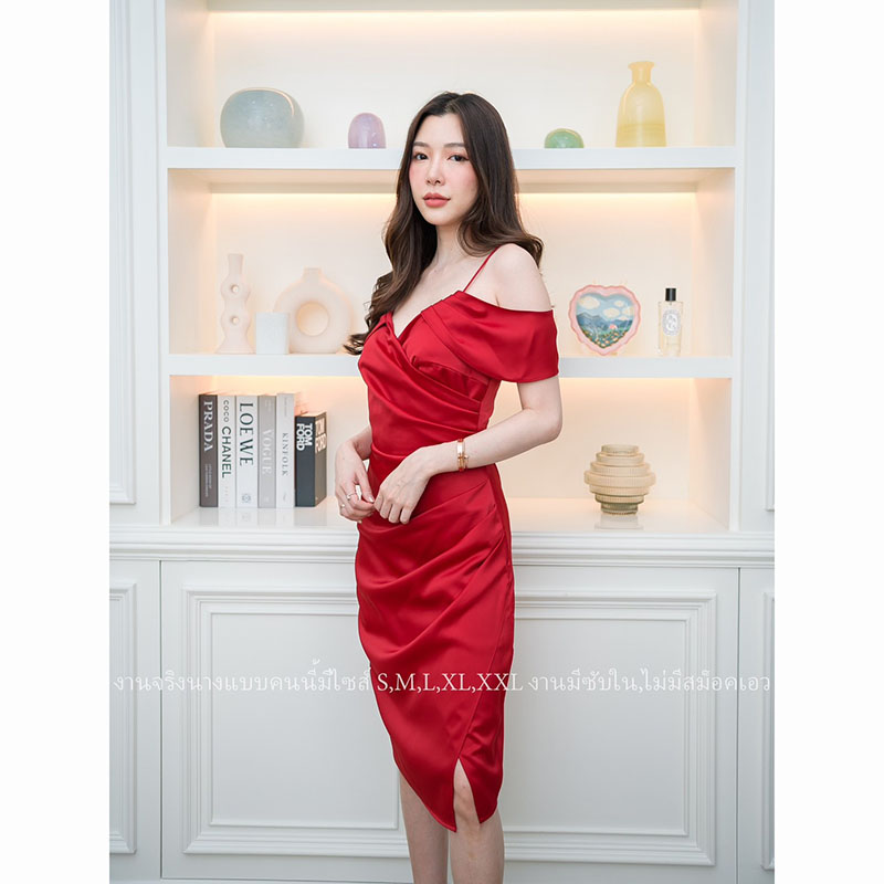 kudapy เดรสสั้นสีไวน์แดง/สีน้ำตาลอิฐ/สีชมพู ชุดราตรีสั้นปาดไหล่พรีเมี่ยมเกรด