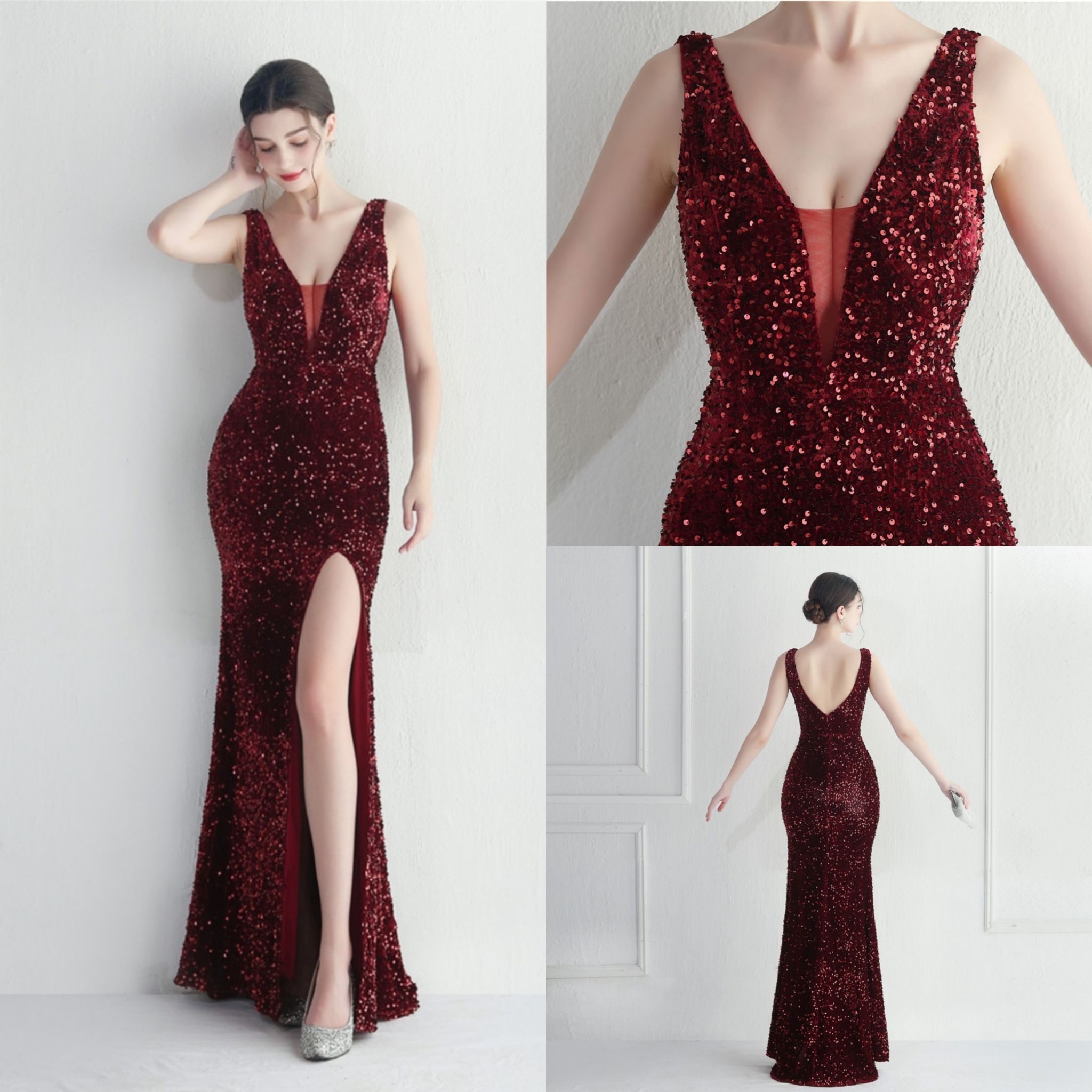 kudapy ชุดราตรียาวผ้ากริสเตอร์ คอวี แขนกุด โชว์หลัง ผ้าแต่งเพชร สีทองโรสโกลด์,สีเขียว,สีแดงเบอร์กันดี้,สีฟ้า,สีดำ,สีชมพู,สีน้ำเงินดิ้นทอง