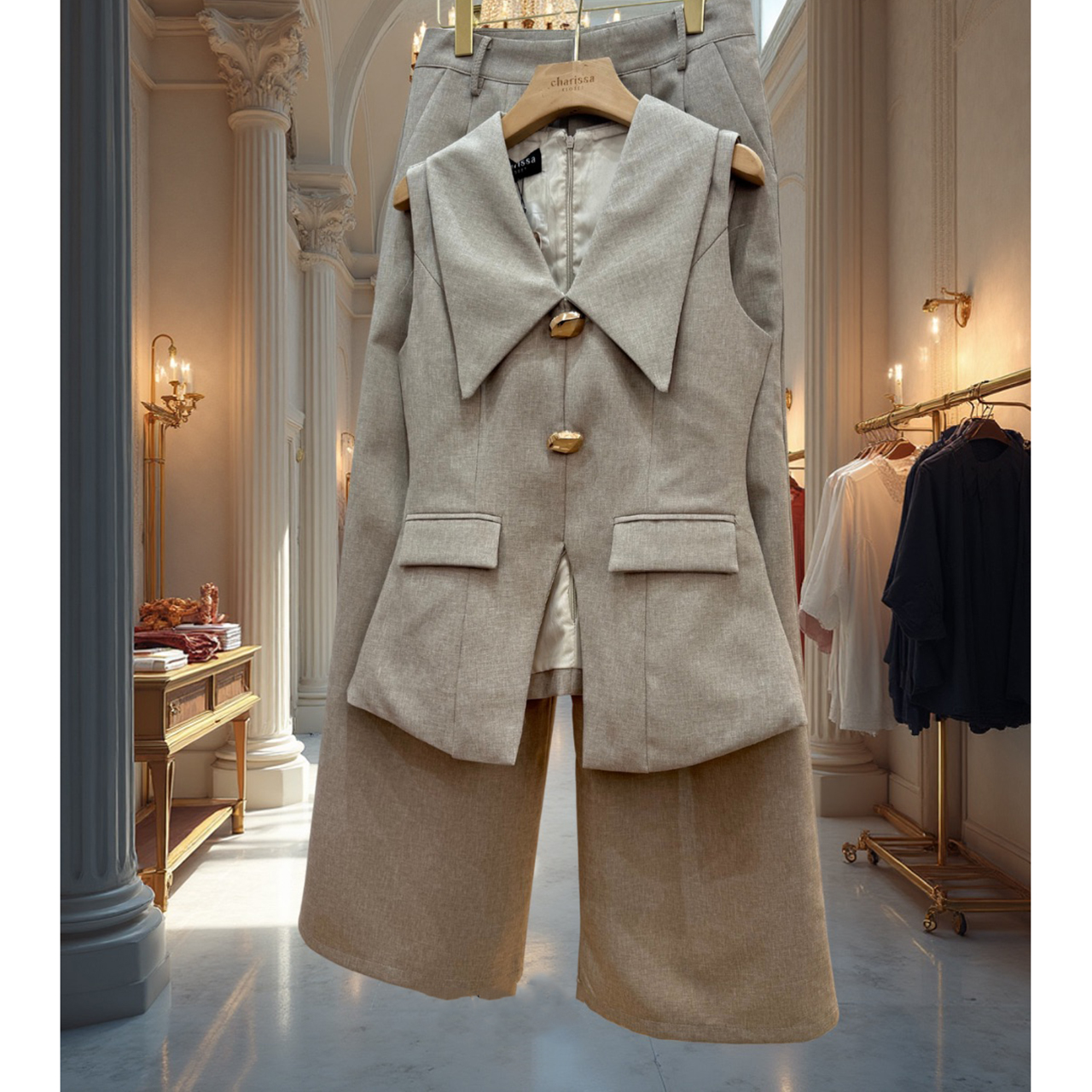 kudapy เซ็ตสุดหรูดูแพง ดีไซน์เรียบแต่แฝงความสง่างาม เหมาะสำหรับใส่ทำงาน ไดีไซน์เสื้อ ทรงเบลเซอร์แขนกุด ปกคอขนาดใหญ่เพิ่มมิต