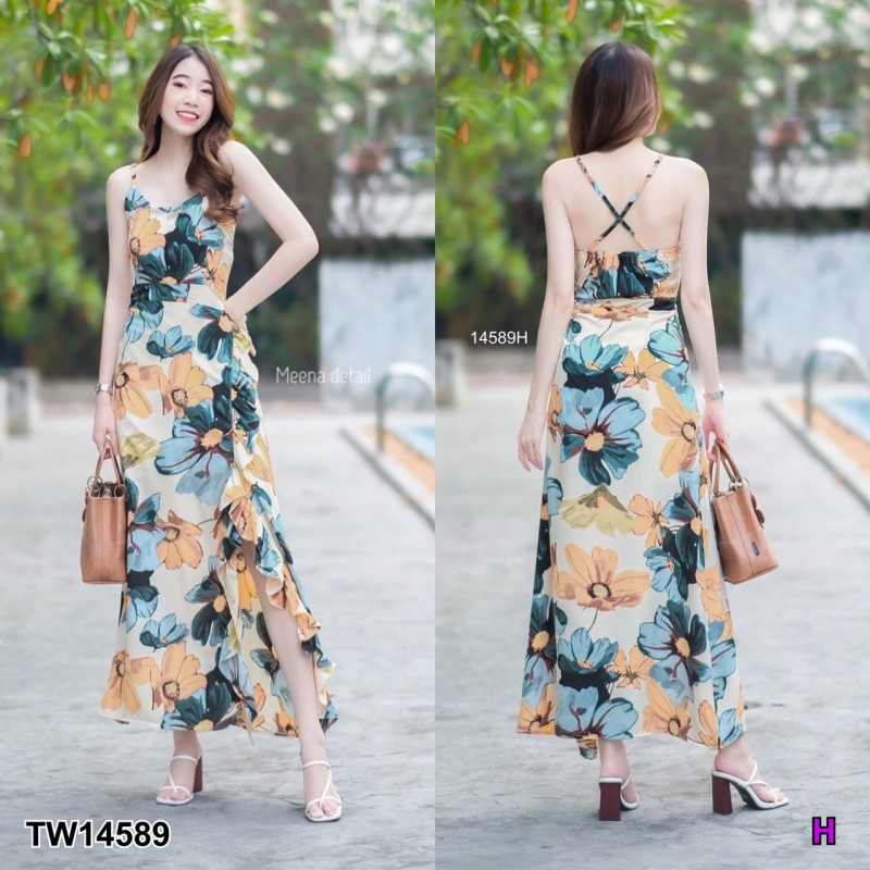 kudapy เดรสยาวสีครีม ชมพู ดำ ม่วง สายเดี่ยวไขว้สายด้านหลัง แต่งผ้าระบายและผ่าด้านข้าง มีซิปซ่อนด้านข้าง มีโบว์เส้นเล็กผูกเอวปรับระดับได้ งานผ้าไหมอิตาลี