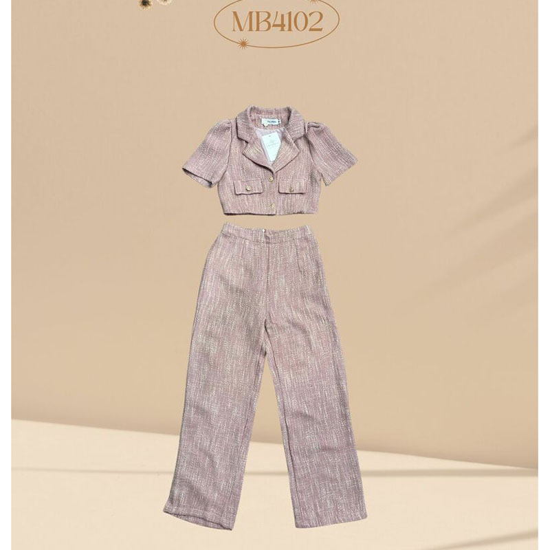 kudapy เซ็ทผ้าทวิตเสื้อปกสูท+กางเกงขายาวสีชมพู/สีดำ