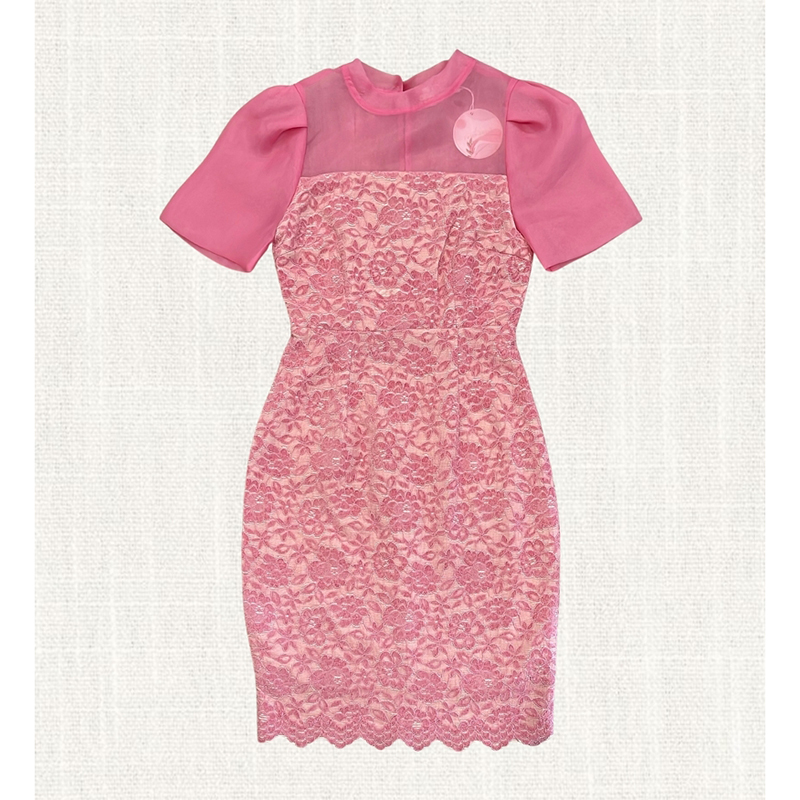 kudapy เดรสสั้นสีชมพู/สีขาว ลูกไม้แต่งแขน สวยดูดี