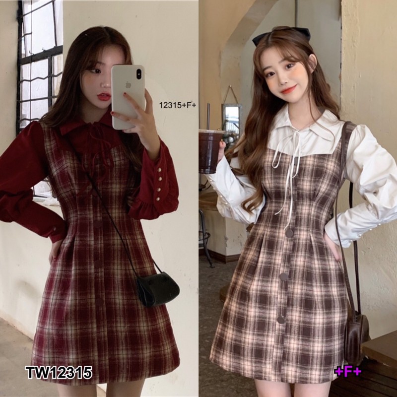 kudapy เดรสสั้นสีดำ/สีน้ำตาล ลายสก็อตกระดุมหน้า แขนพอง ตัวเดรสงานผ้าทอ แต่งแขนสีพื้น