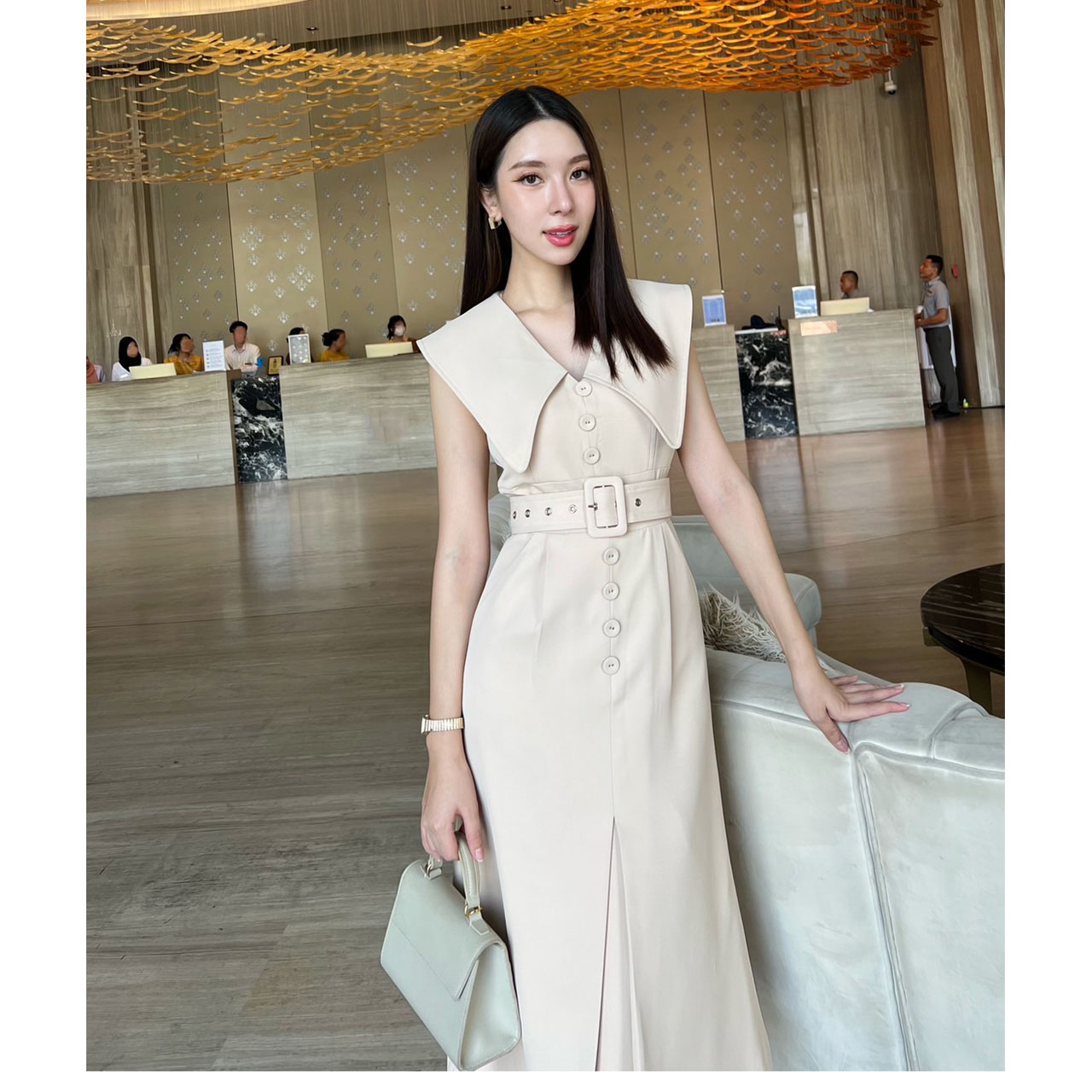 kudapy เดรสสูทสีครีม/สีครามทะเล แต่งปกใหญ่ ทำให้ดูผอม ซิบด้านหลัง ผ่าด้านหลังเพื่อให้เดินสะดวก